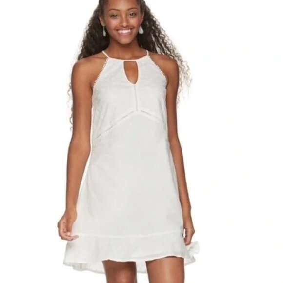 Candies White Sleeveless Eyelet Mini Dress With Keyhole Front & Ruffle Hem Women - Picture 1 of 6